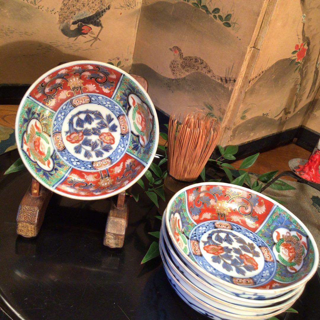 A745 古伊万里　極上　大聖寺伊万里　金蘭手　見込牡丹窓絵鳳凰紋様　5枚