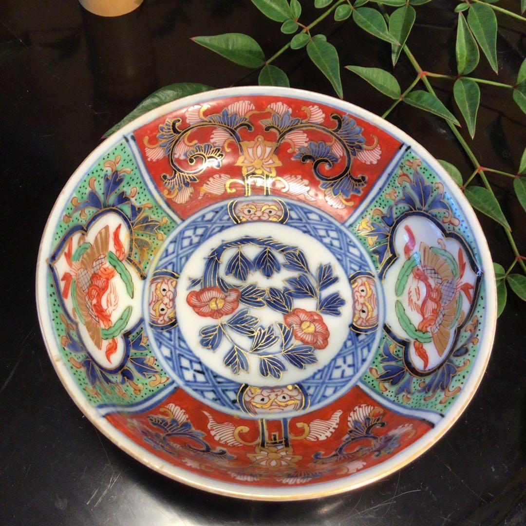 A745 古伊万里　極上　大聖寺伊万里　金蘭手　見込牡丹窓絵鳳凰紋様　5枚