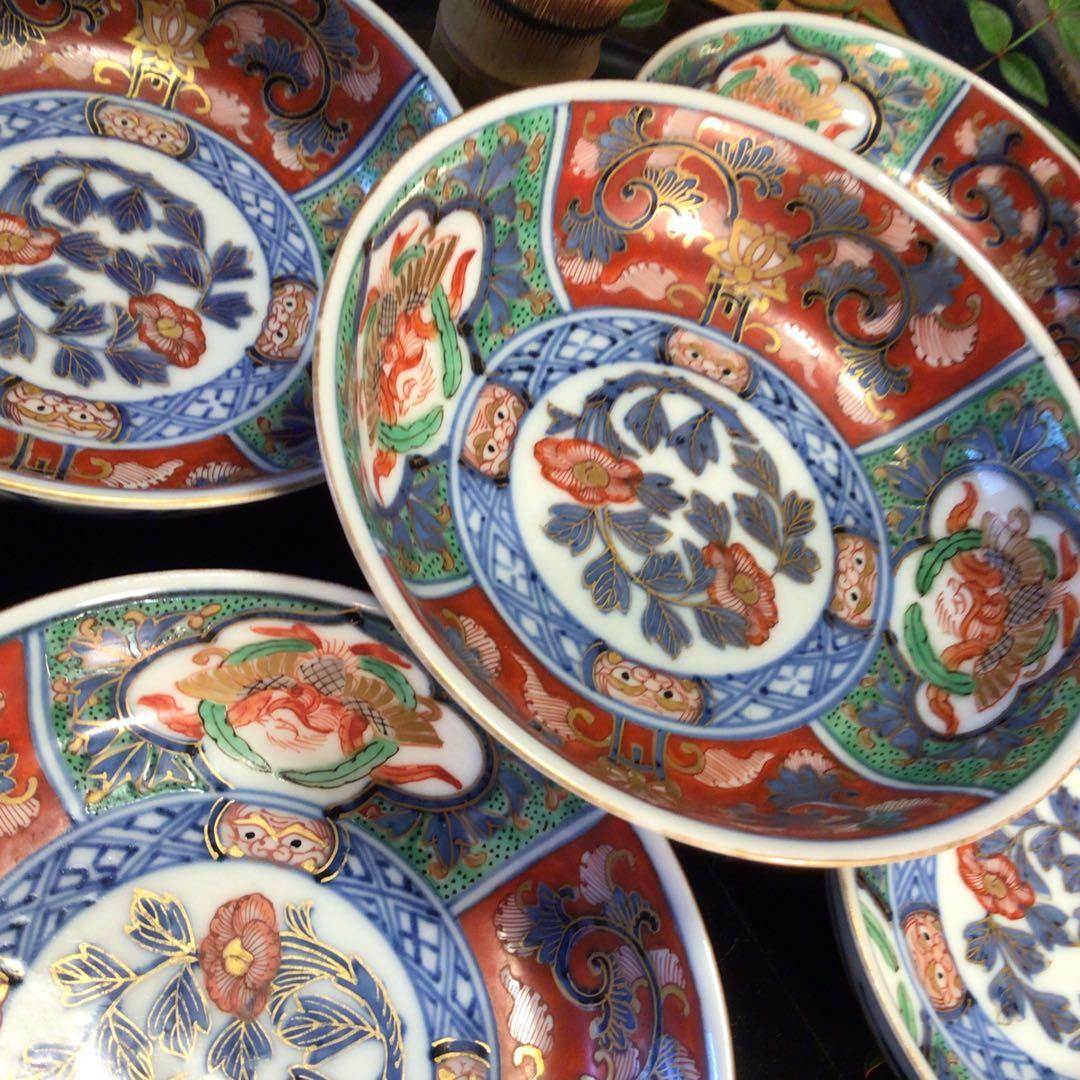 A745 古伊万里　極上　大聖寺伊万里　金蘭手　見込牡丹窓絵鳳凰紋様　5枚