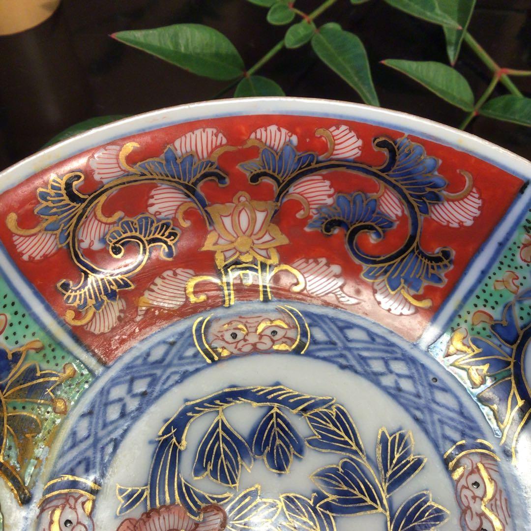 A745 古伊万里　極上　大聖寺伊万里　金蘭手　見込牡丹窓絵鳳凰紋様　5枚