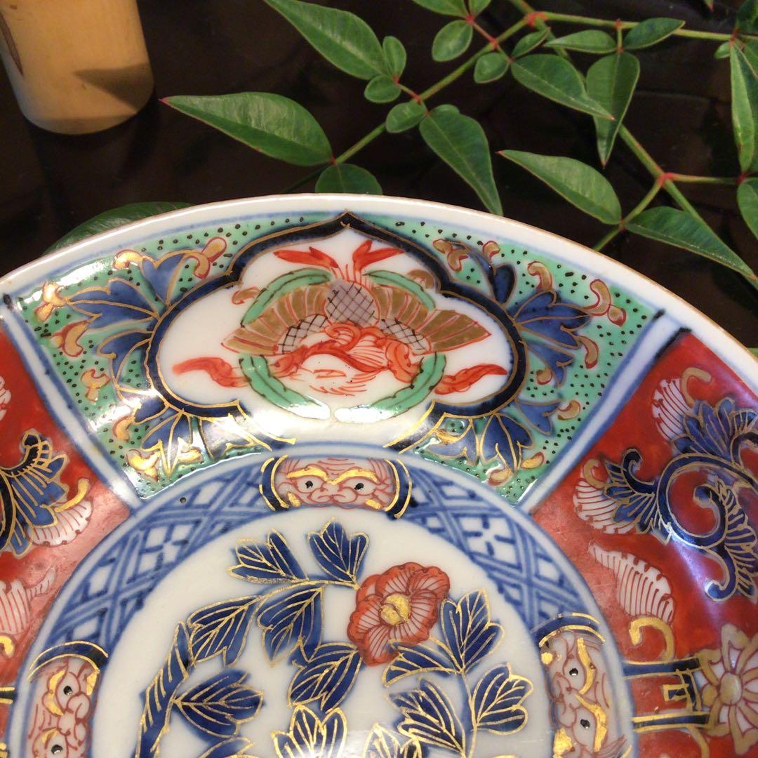 A745 古伊万里　極上　大聖寺伊万里　金蘭手　見込牡丹窓絵鳳凰紋様　5枚