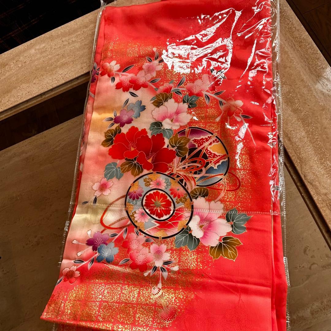 新品　正絹七五三用着物 ピンクと赤 花柄 身丈98cm お祝着物　日本製