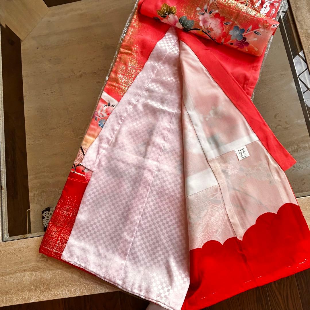 新品　正絹七五三用着物 ピンクと赤 花柄 身丈98cm お祝着物　日本製