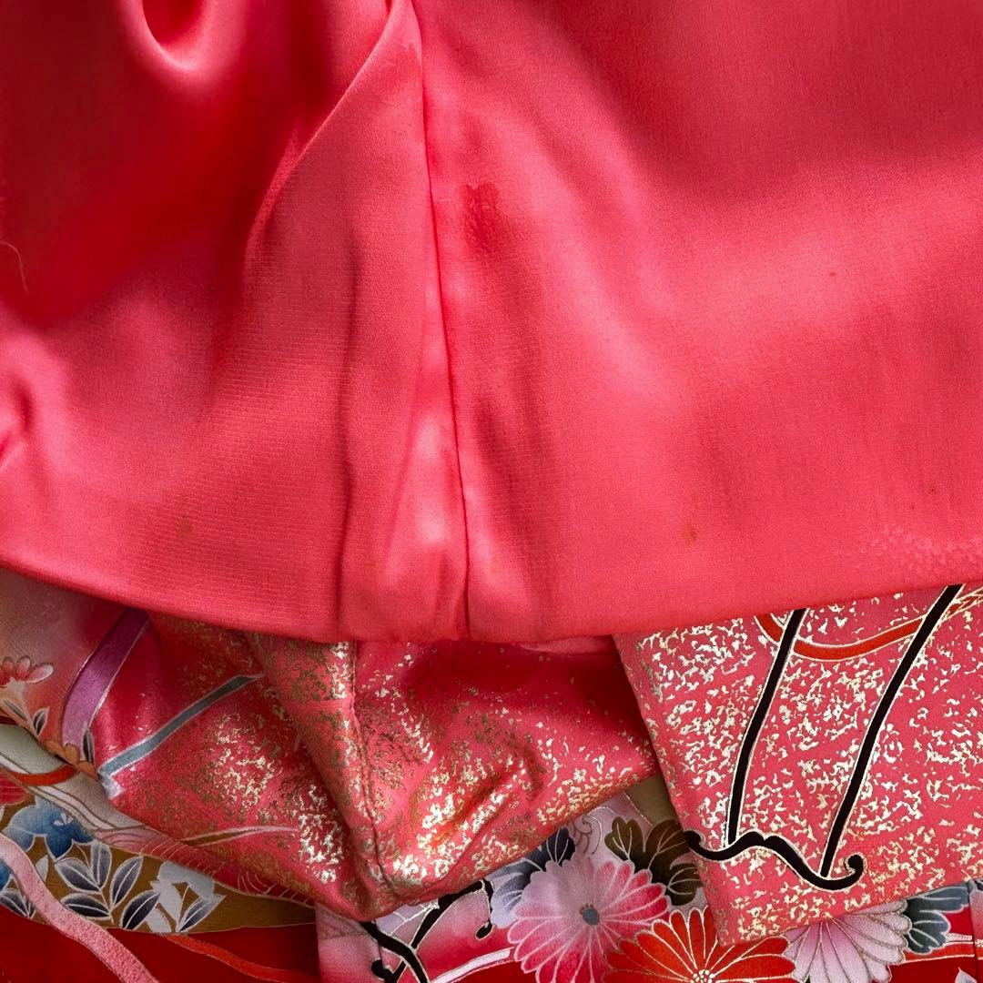 新品　正絹七五三用着物 ピンクと赤 花柄 身丈98cm お祝着物　日本製