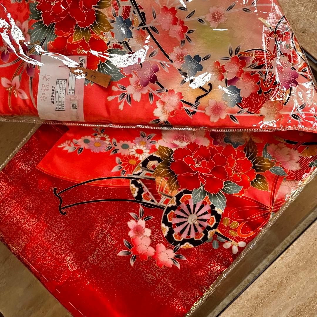新品　正絹七五三用着物 ピンクと赤 花柄 身丈98cm お祝着物　日本製