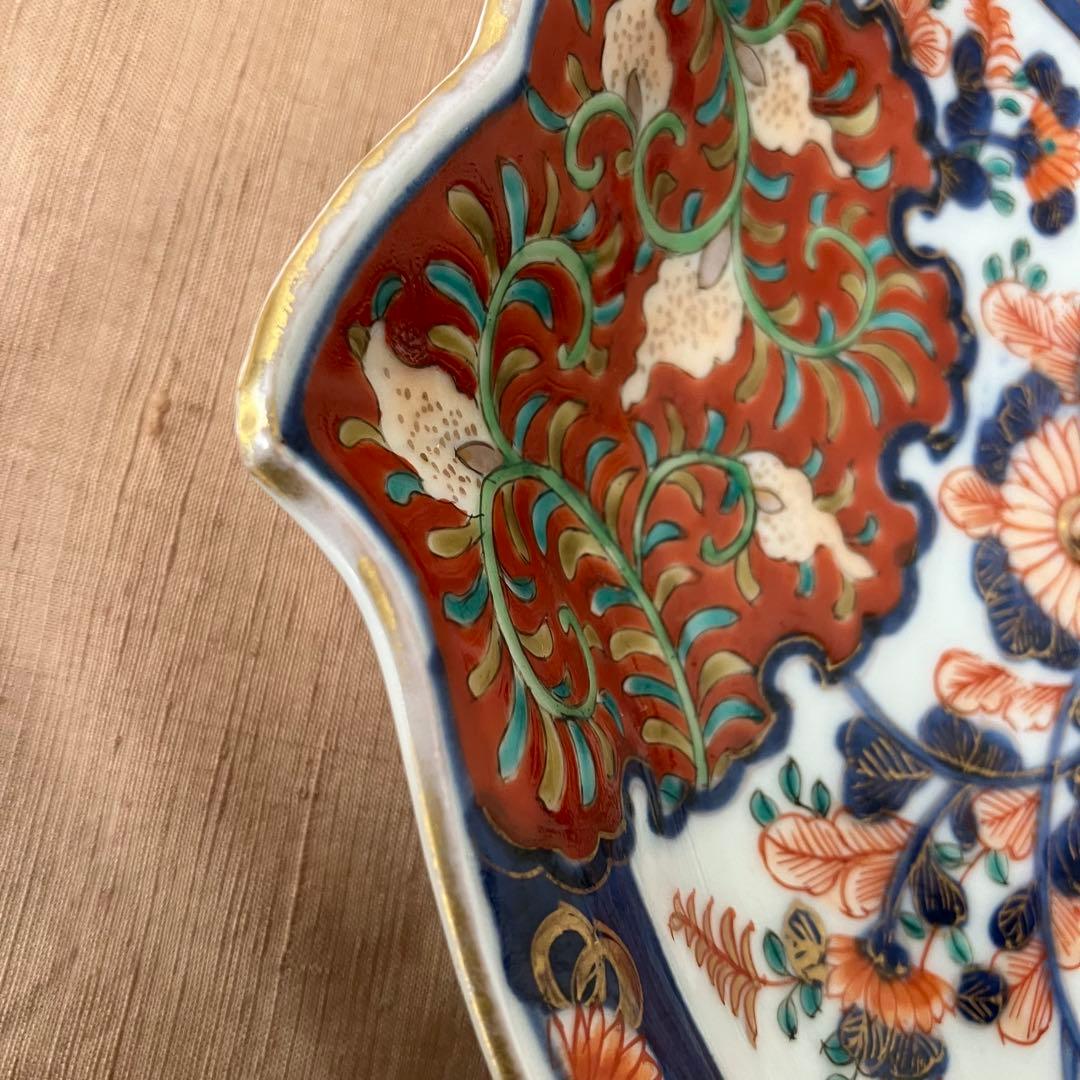 オールド香蘭社　色絵鮑型草花鳳凰図皿　明治　手書き　② アンティーク　古伊万里