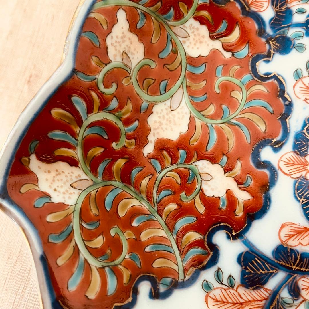 オールド香蘭社　色絵鮑型草花鳳凰図皿　明治　手書き　② アンティーク　古伊万里