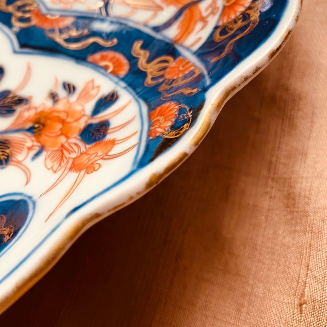 オールド香蘭社　色絵鮑型草花鳳凰図皿　明治　手書き　② アンティーク　古伊万里