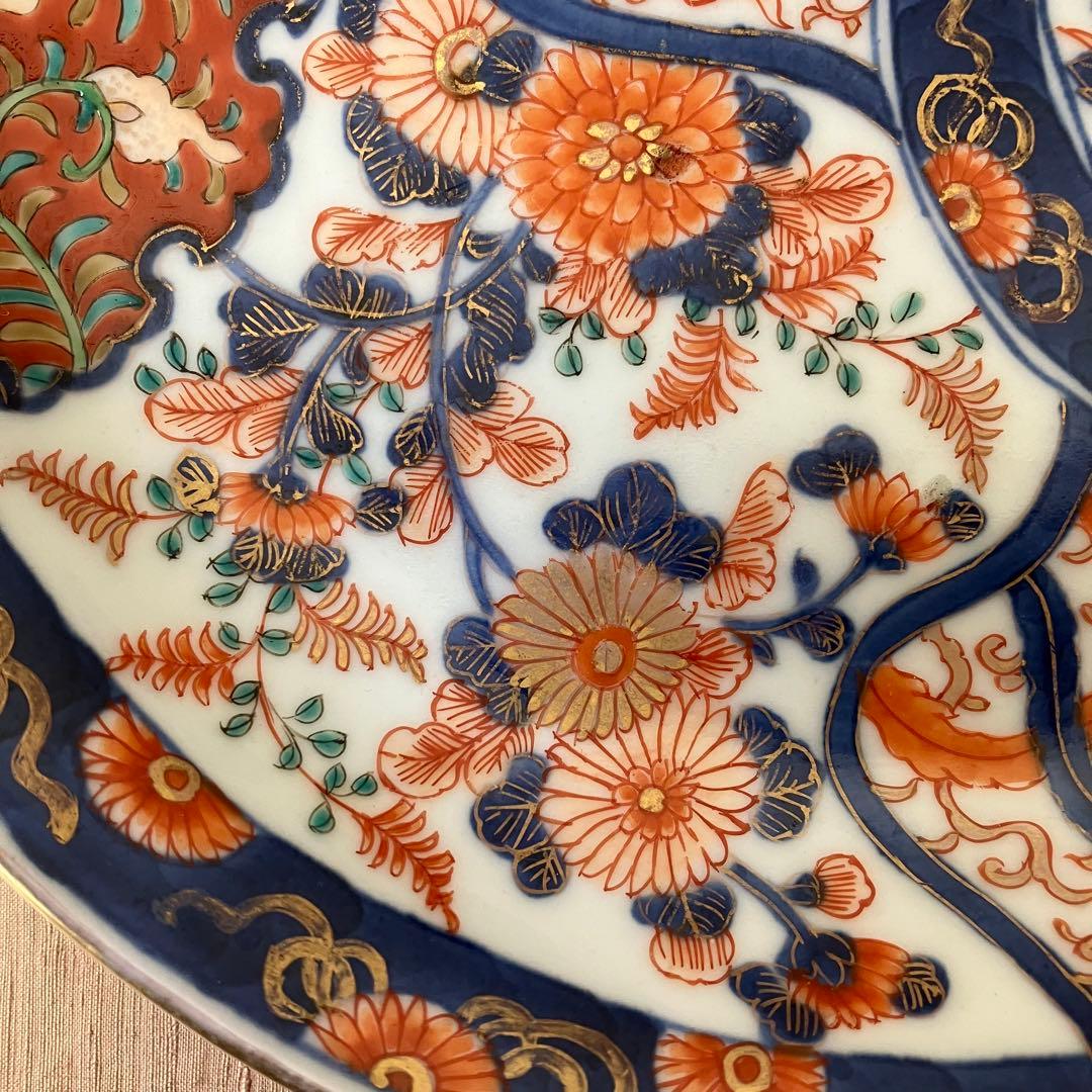 オールド香蘭社　色絵鮑型草花鳳凰図皿　明治　手書き　② アンティーク　古伊万里