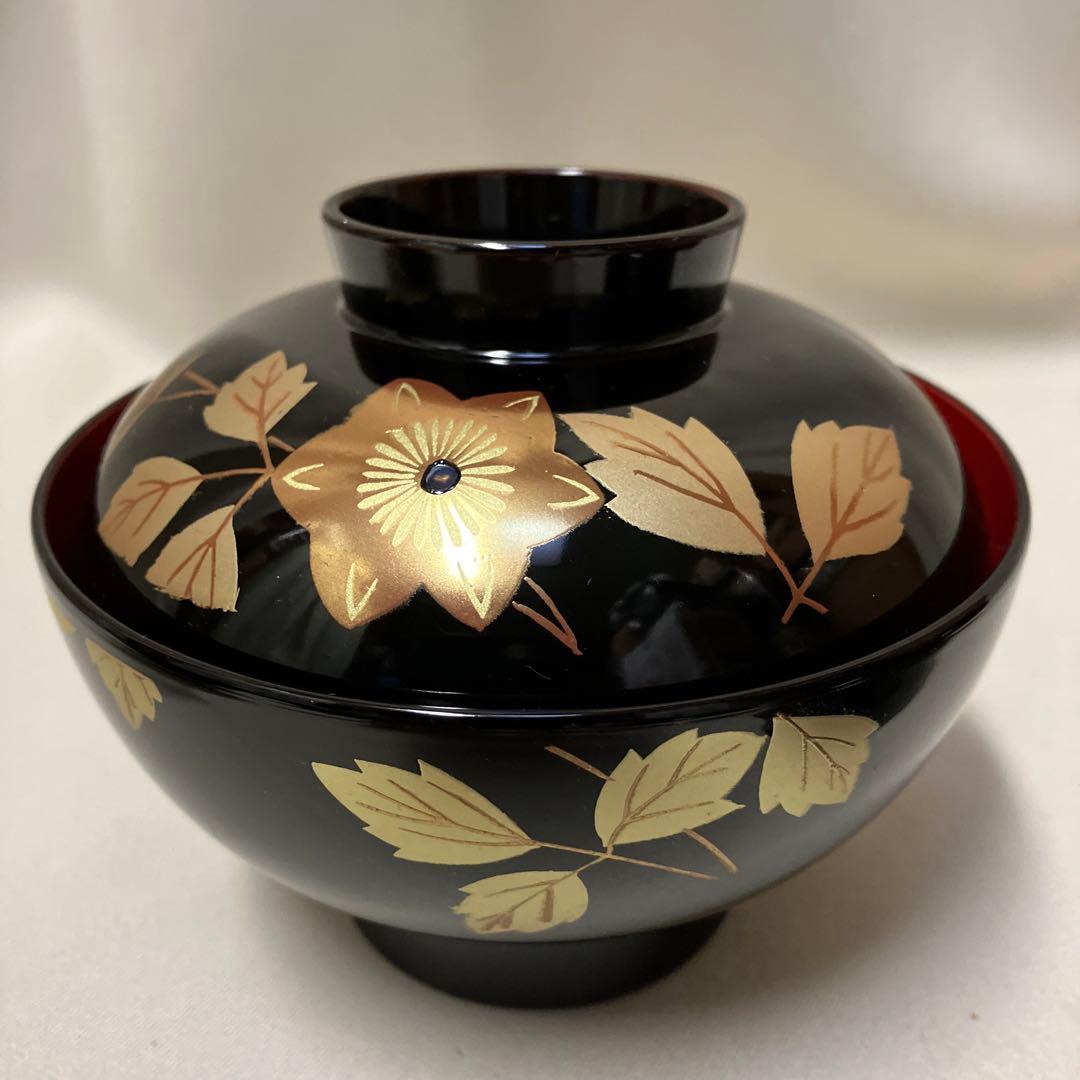 新品 会津塗 蓋つき汁椀 5客 テッセン 蒔絵 会津漆器 蓋付椀 木製漆器