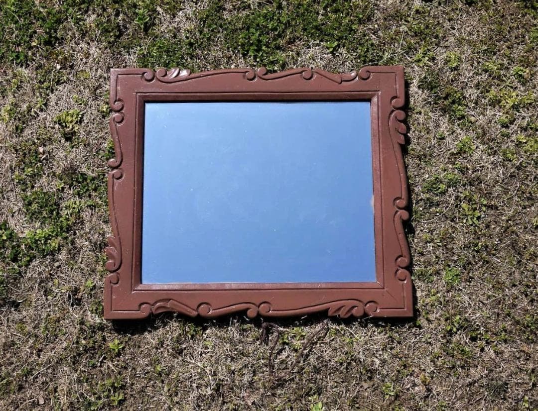 木彫り壁掛け鏡 レリーフウォールミラー 唐木ローズウッド 昭和家具