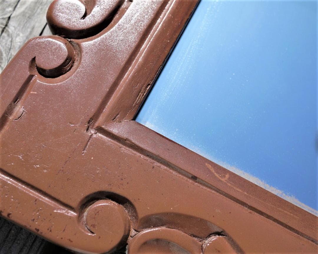 木彫り壁掛け鏡 レリーフウォールミラー 唐木ローズウッド 昭和家具