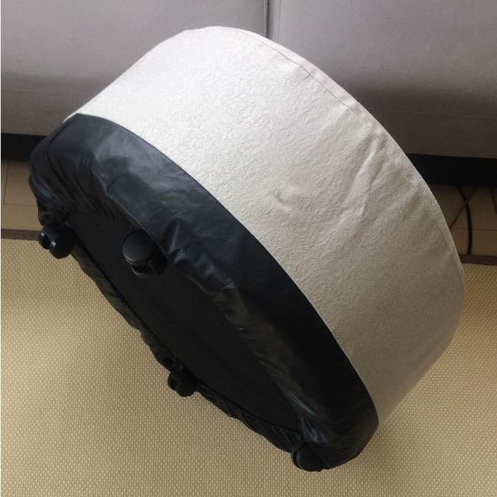 丸型オットマン 本体赤色 オリジナル柄入グレー&ブラックカバー付