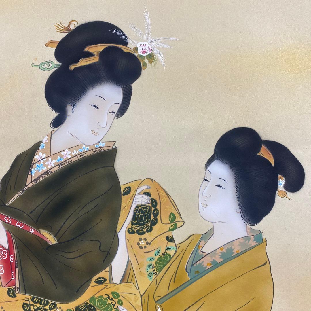 美品 掛け軸 田口青児作 姉妹妓図「よそおい」共箱 美人画 年中掛け