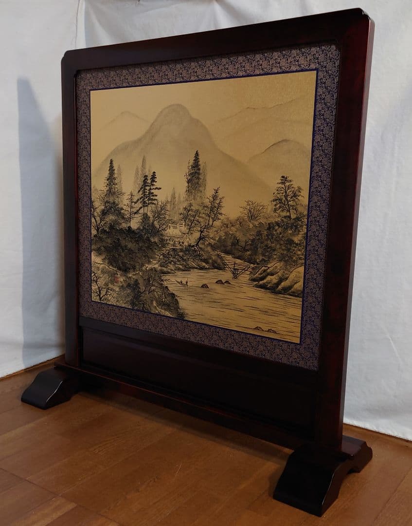 衝立　伝統襖山水画　御所車　ブラウンフレーム　4.5尺　襖画衝立　１台限定