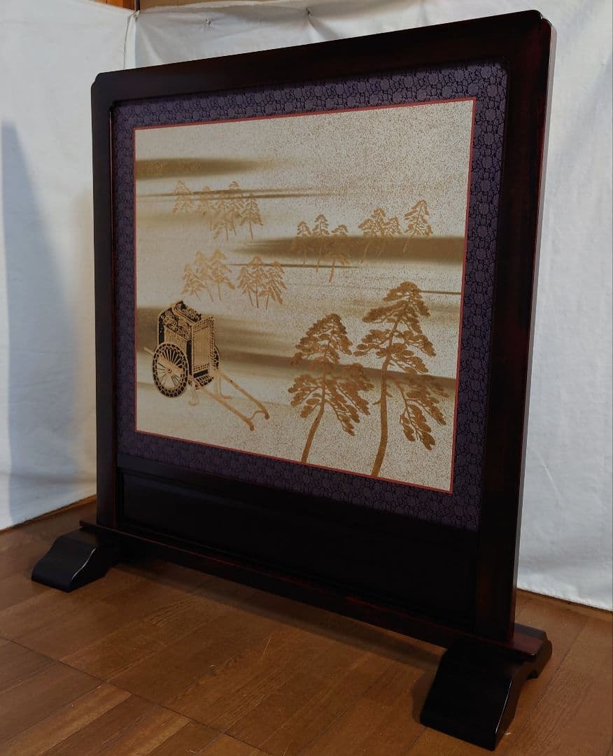 衝立　伝統襖山水画　御所車　ブラウンフレーム　4.5尺　襖画衝立　１台限定