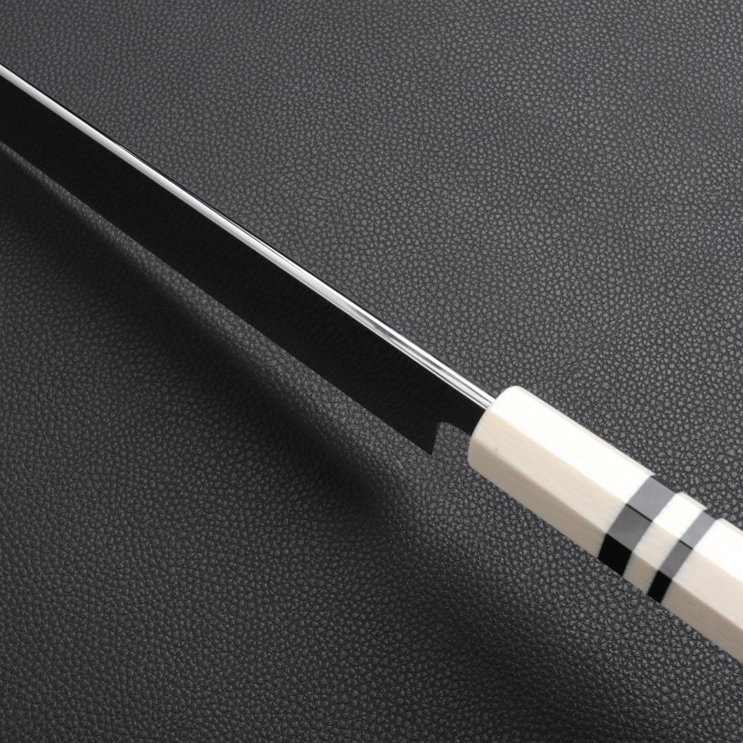 8777切付柳刃包丁 9寸 高光沢度鏡面仕上げ 刺身包丁 人工象牙黒三本巻八角柄