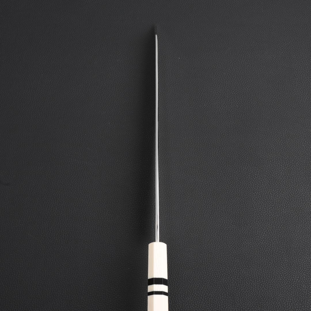 8777切付柳刃包丁 9寸 高光沢度鏡面仕上げ 刺身包丁 人工象牙黒三本巻八角柄