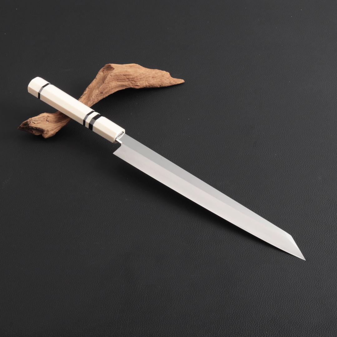 8777切付柳刃包丁 9寸 高光沢度鏡面仕上げ 刺身包丁 人工象牙黒三本巻八角柄