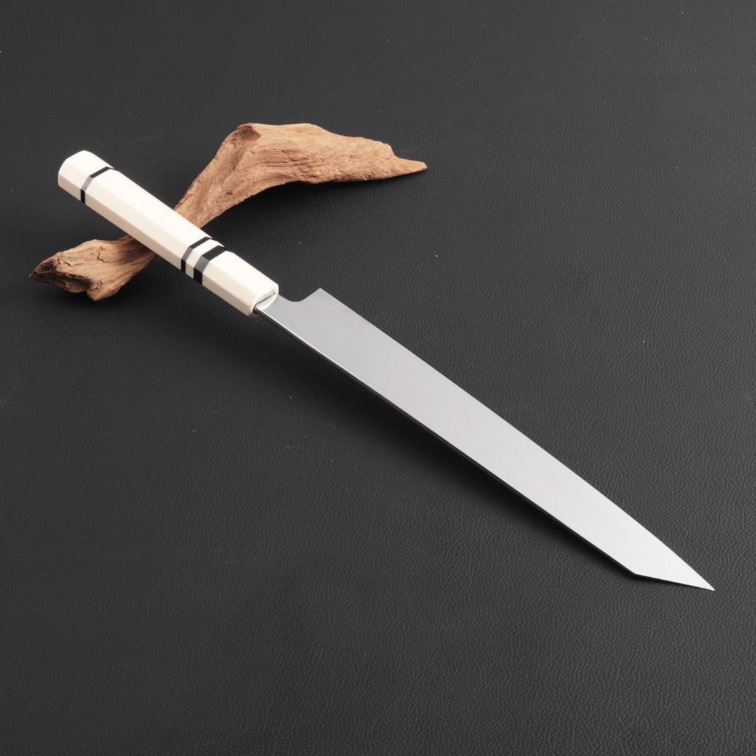 8777切付柳刃包丁 9寸 高光沢度鏡面仕上げ 刺身包丁 人工象牙黒三本巻八角柄