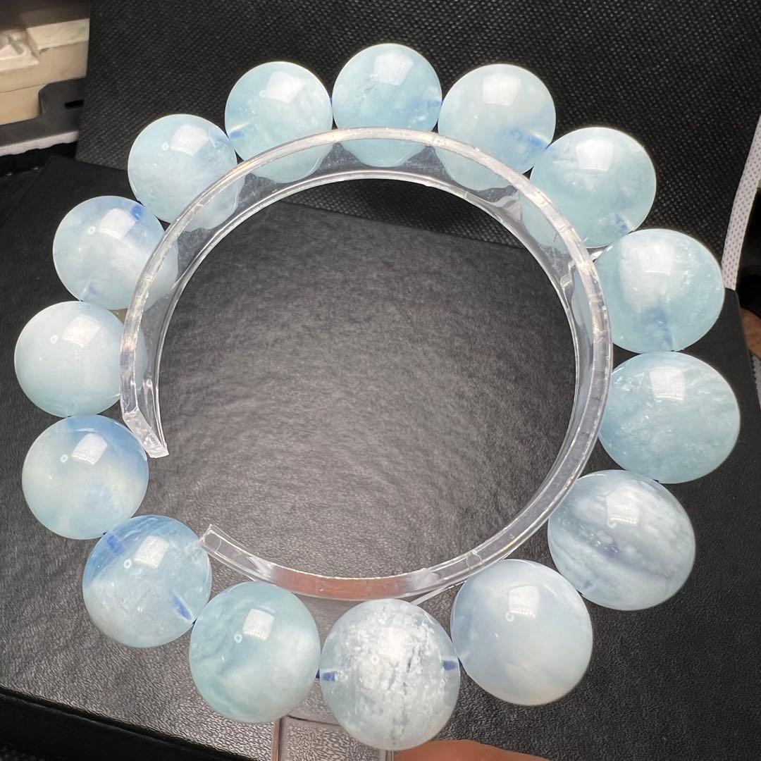 【82051】 アクアマリン 14.5mm ブレスレット 天然石 雲入り