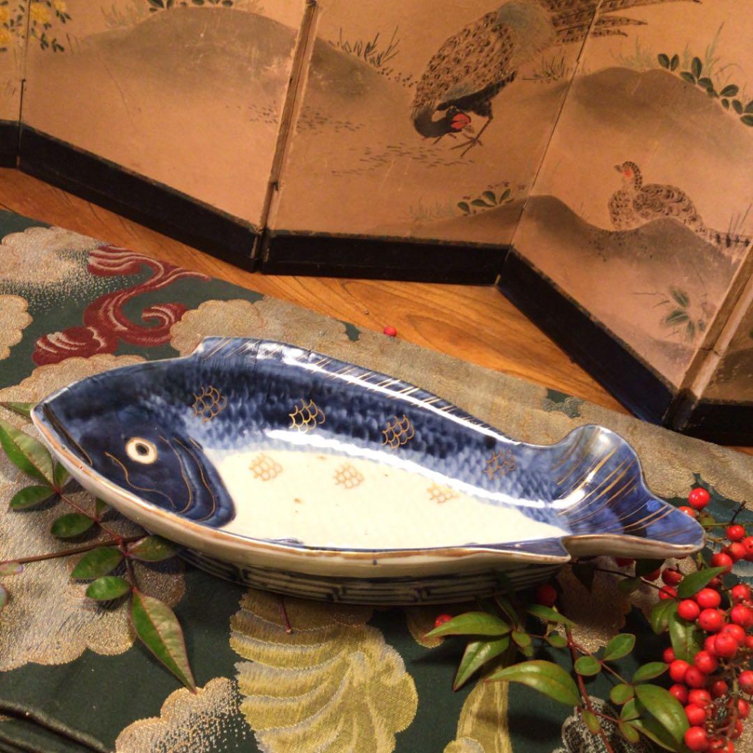 A 378 古伊万里 元禄 染付 金彩 鯛皿 変形魚型皿 1客