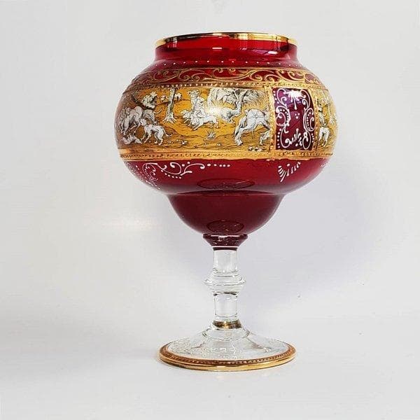 ボヘミアン ガラス 　ルビー　エナメル 　金盛　金箔 狩猟シーン 足付きボウル