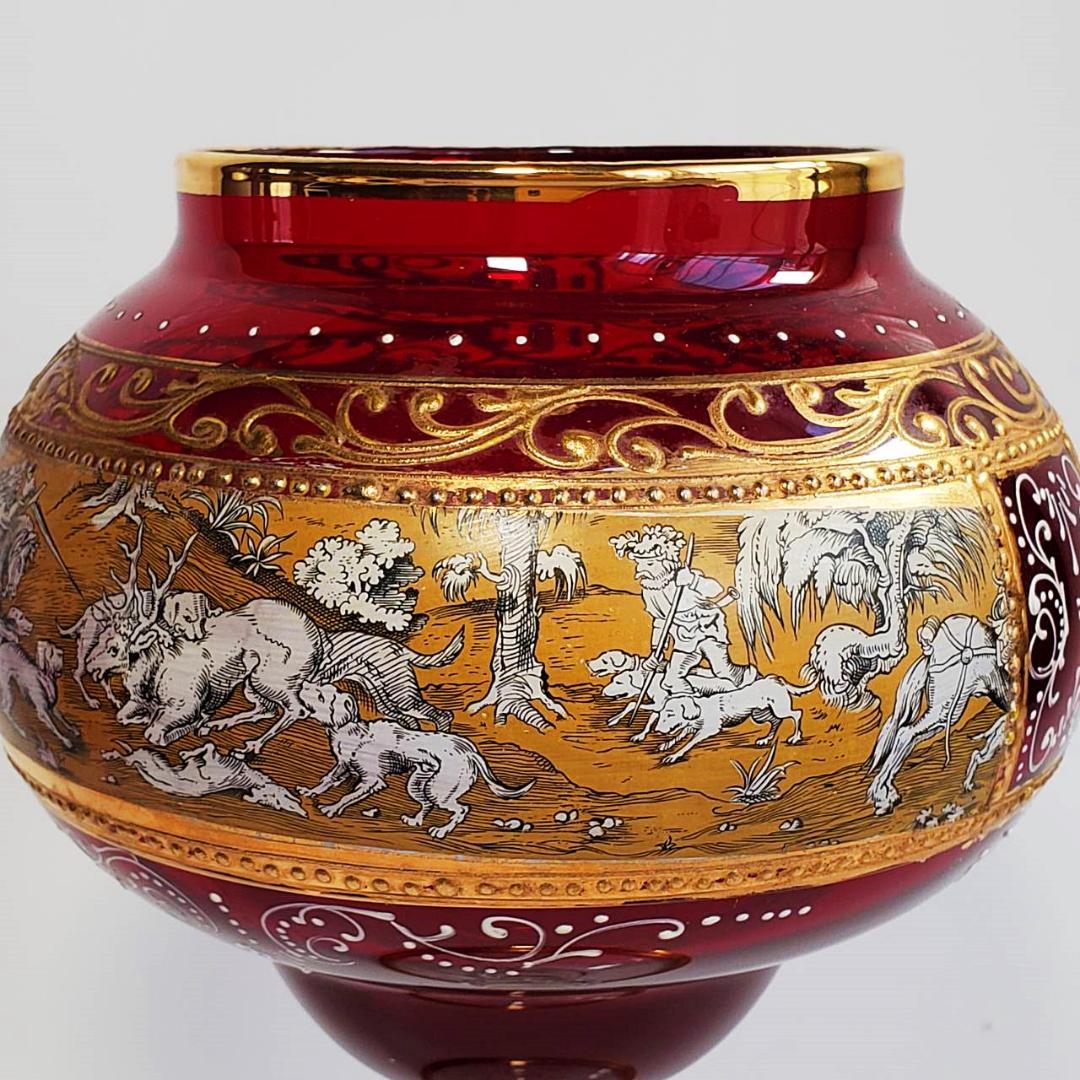 ボヘミアン ガラス 　ルビー　エナメル 　金盛　金箔 狩猟シーン 足付きボウル