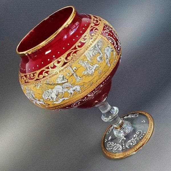 ボヘミアン ガラス 　ルビー　エナメル 　金盛　金箔 狩猟シーン 足付きボウル