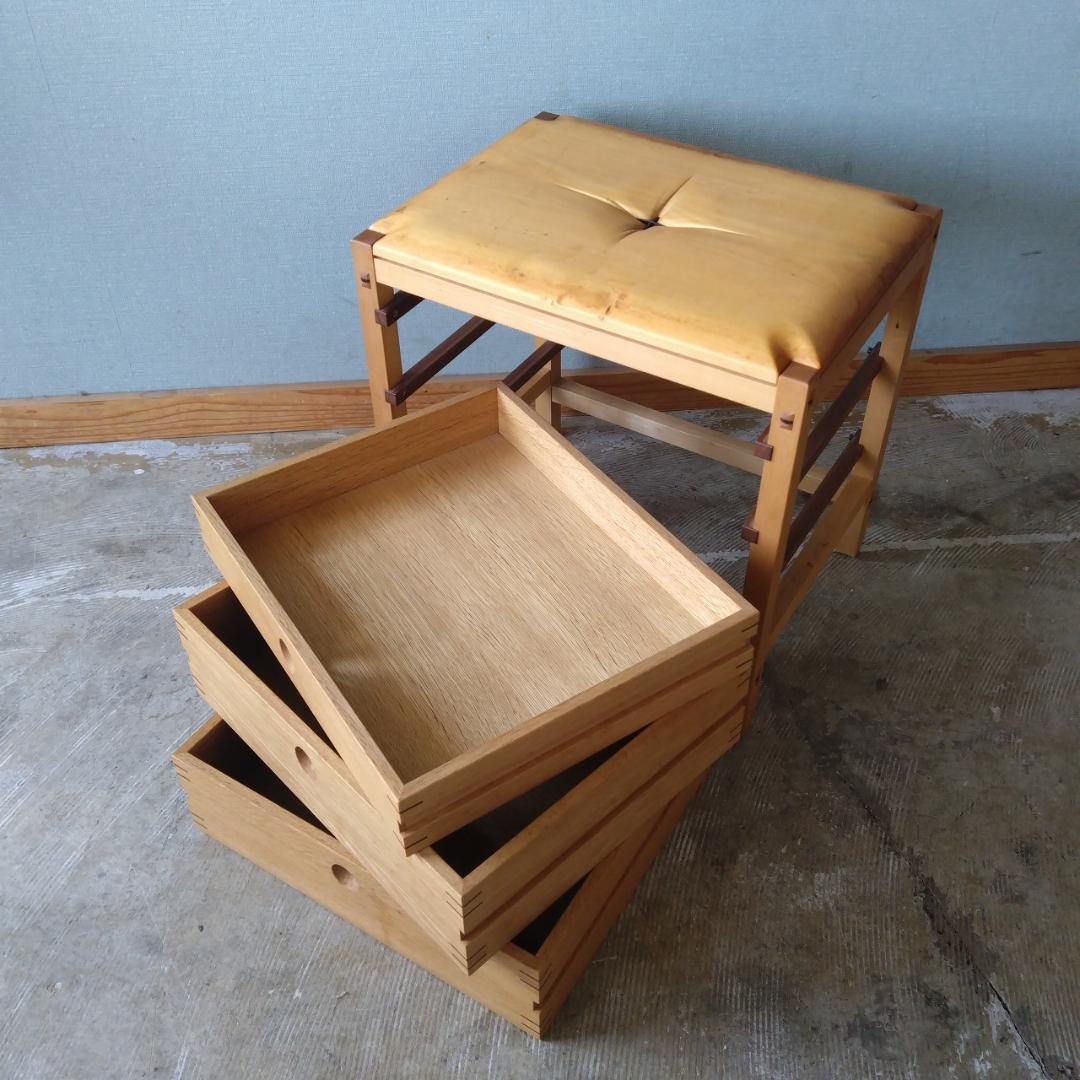 木製　スツール　引き出し付　組み木