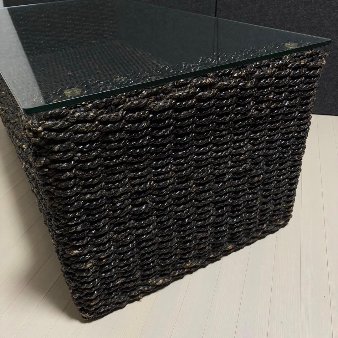 アジアンテーブル　ガラステーブル　籘　ラタン　ローテーブル　リゾート　テーブル