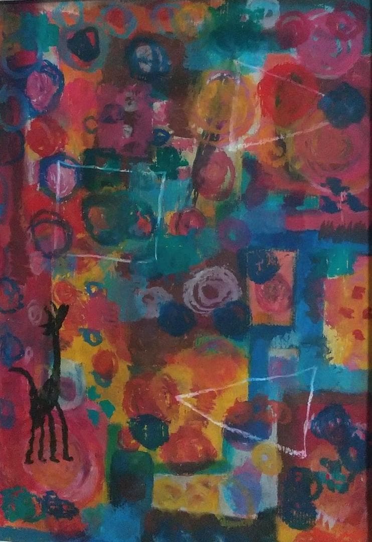 カラフルなクレパス画 キリンのシルエット