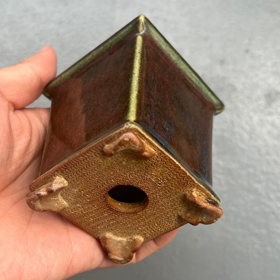 691.平安虹泉 辰砂釉雲足正方 盆栽鉢 植木鉢 6.5*6.5*7.6cm