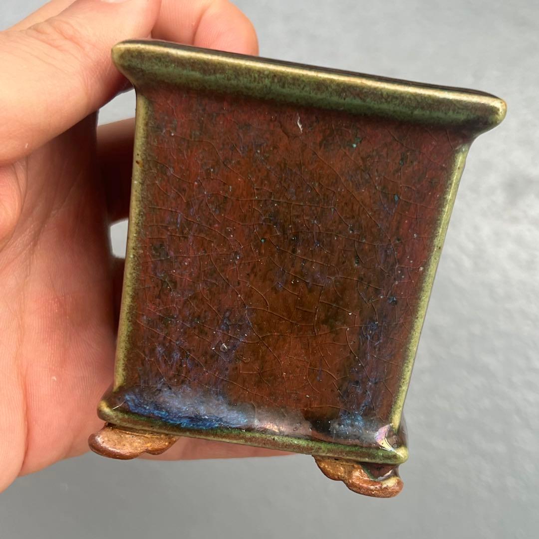 691.平安虹泉 辰砂釉雲足正方 盆栽鉢 植木鉢 6.5*6.5*7.6cm