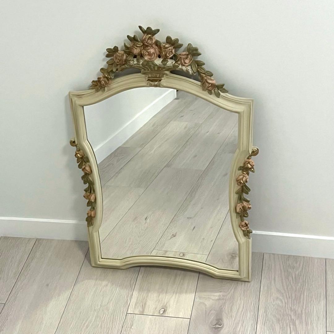 ウォールミラー　ヴィンテージ　アンティーク　壁紙　木製　フラワー　デコ