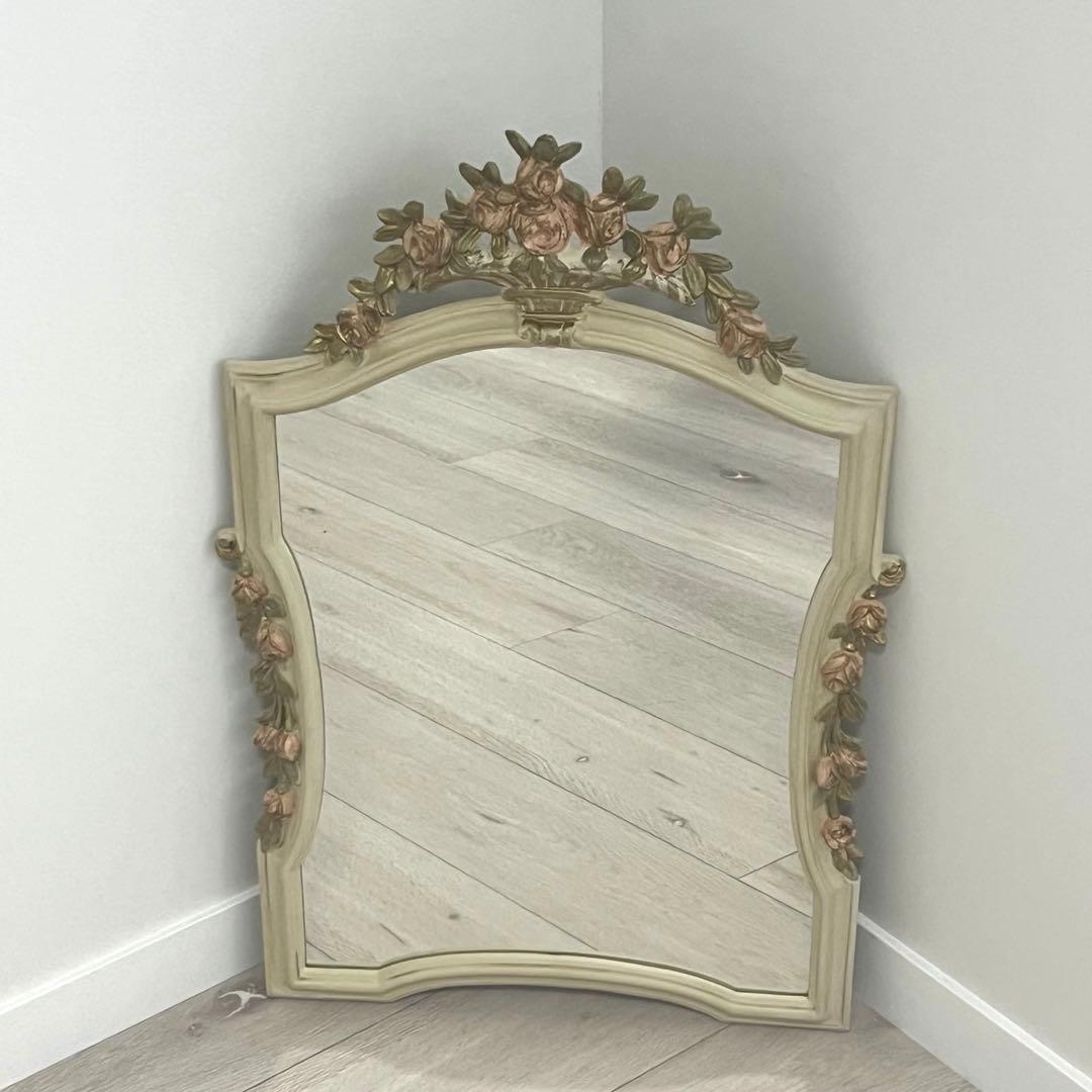 ウォールミラー　ヴィンテージ　アンティーク　壁紙　木製　フラワー　デコ