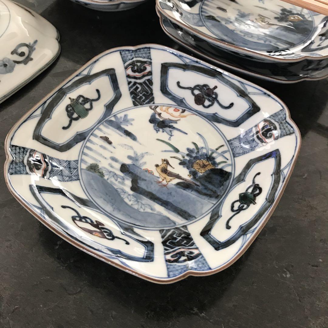 山本長佐　染色桃花花鳥文皿揃