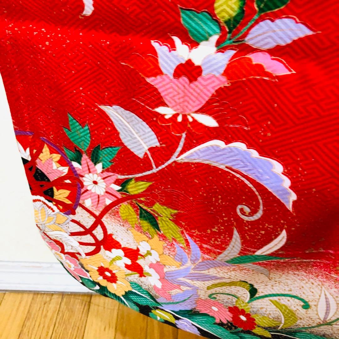 七五三 七歳‼️豪華正絹赤×黒ラメキラキラ‼️手毬熨斗金彩煌びやか際立つフルセット