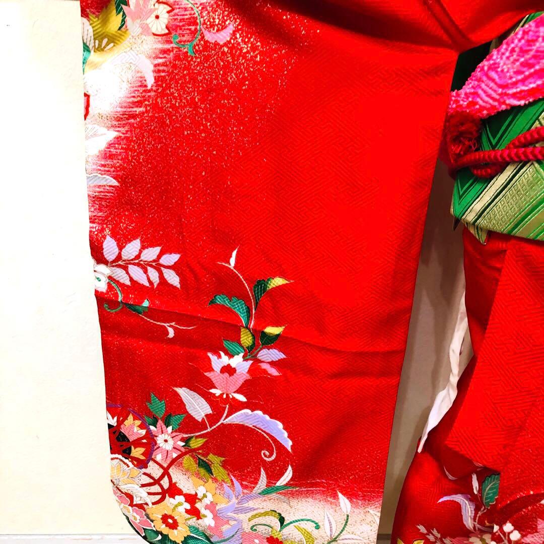 七五三 七歳‼️豪華正絹赤×黒ラメキラキラ‼️手毬熨斗金彩煌びやか際立つフルセット