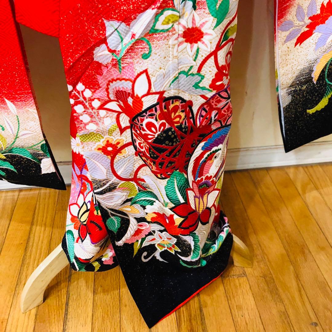 七五三 七歳‼️豪華正絹赤×黒ラメキラキラ‼️手毬熨斗金彩煌びやか際立つフルセット