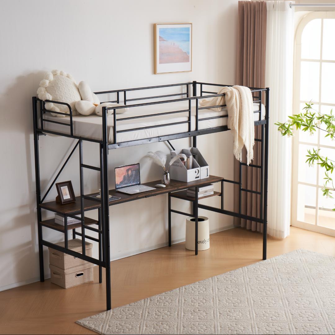 限定価格！ロフトベッド（S） デスク付き ハシゴ階段 耐荷重150　BLACK