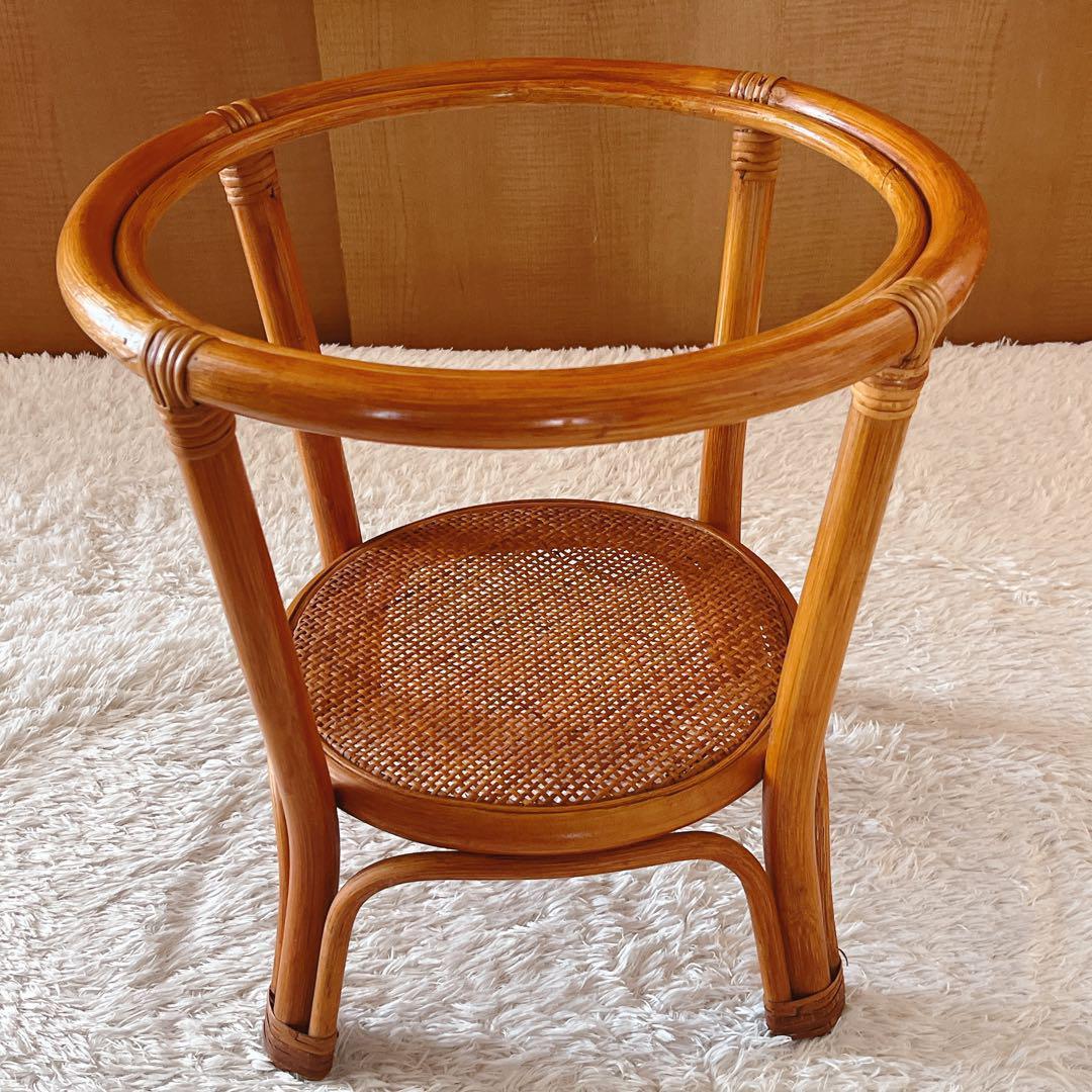 so様リクエスト品】籐 ラタン 丸テーブル　ガラス天板 昭和 レトロ 80年代
