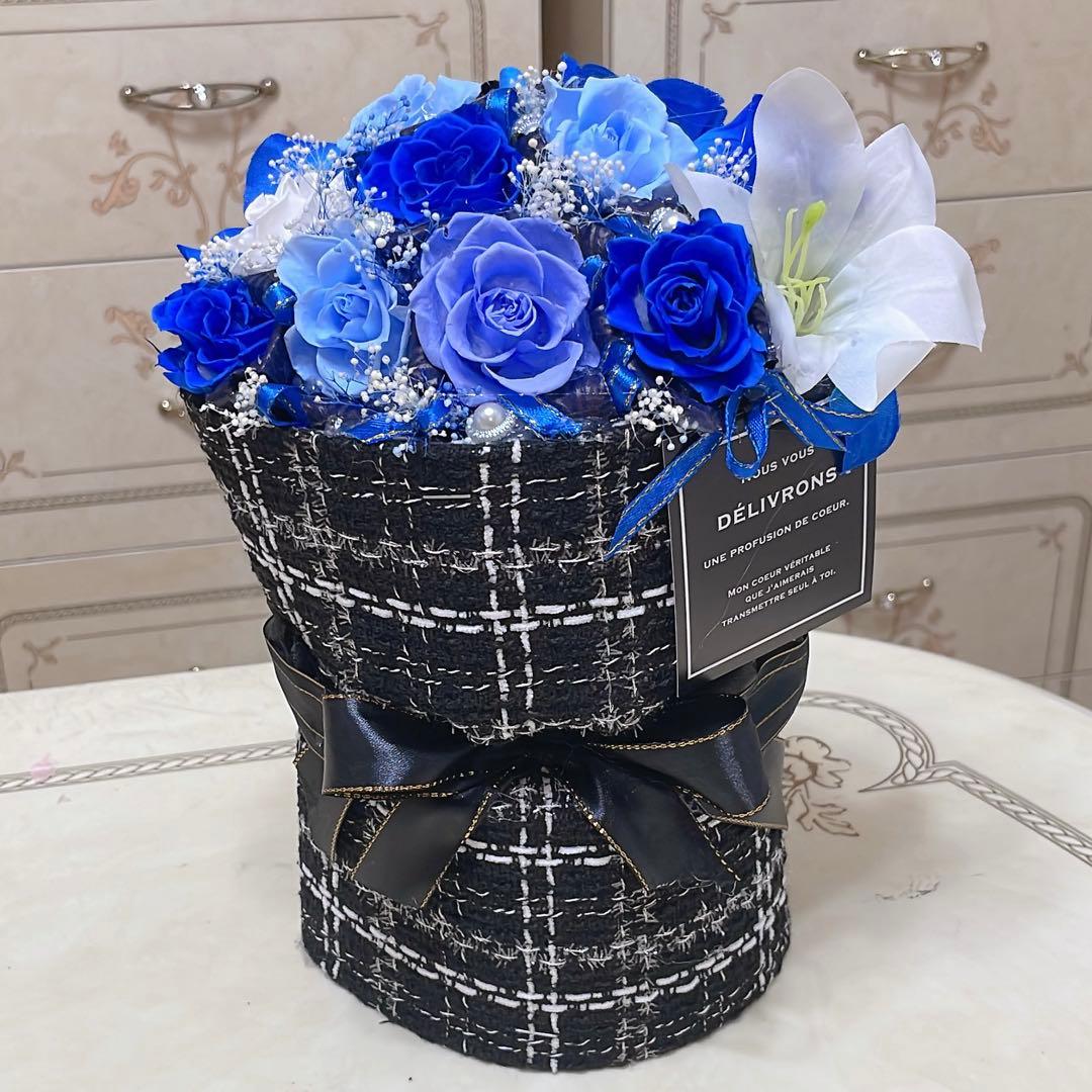 プリザーブドフラワー花束／パープルピンクローズとかすみ草のふんわり