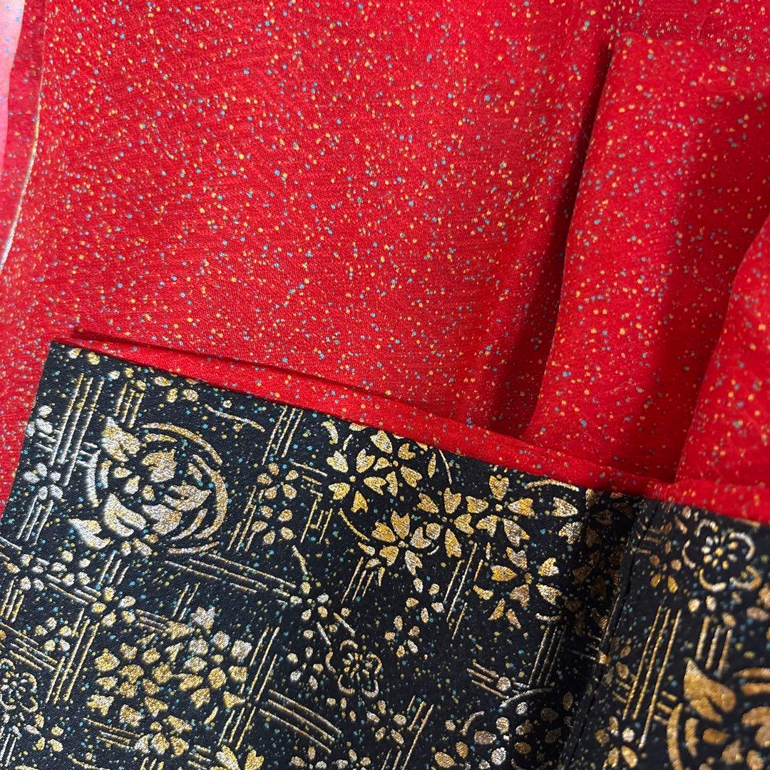 七五三　7才　お嬢様　金彩雪輪図　振袖　晴れ着　長襦袢付　美品　正絹えんじ赤