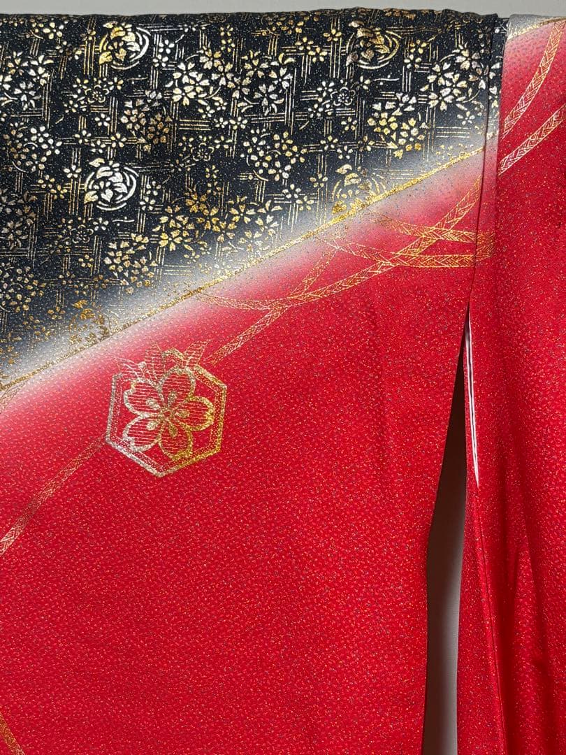 七五三　7才　お嬢様　金彩雪輪図　振袖　晴れ着　長襦袢付　美品　正絹えんじ赤
