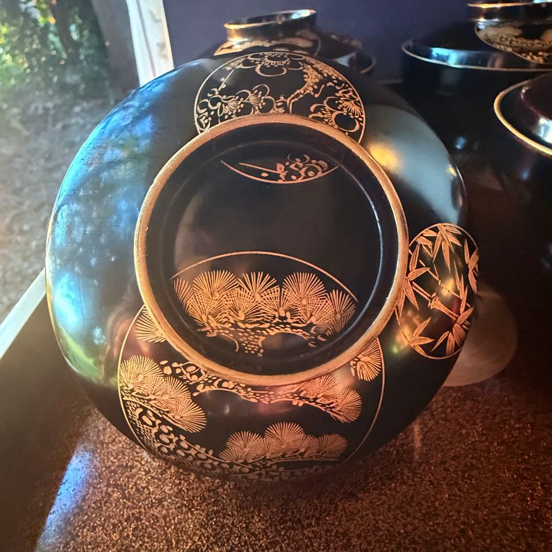 2115様感謝‼️ スーパームーン記念JAPAN輪島丸紋沈金松竹梅&鶴亀　黒椀4客