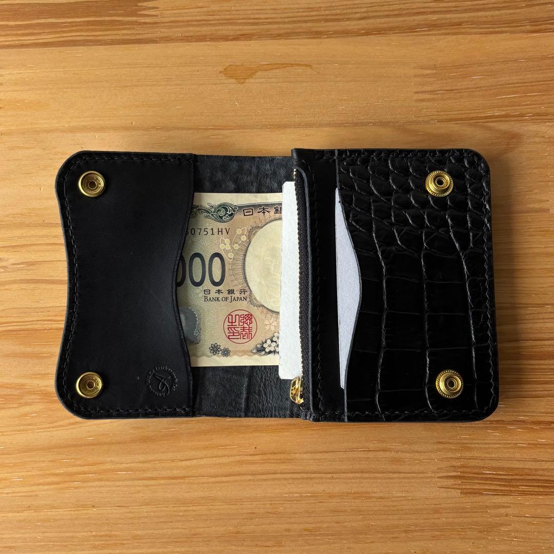 【ブラック&クロコダイル】ショートトラッカーウォレット イタリアンレザー 本革2