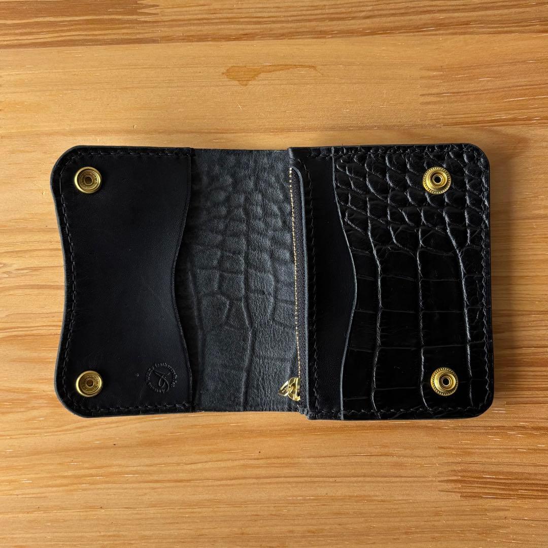 【ブラック&クロコダイル】ショートトラッカーウォレット イタリアンレザー 本革2
