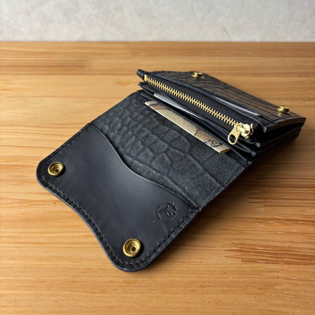 【ブラック&クロコダイル】ショートトラッカーウォレット イタリアンレザー 本革2