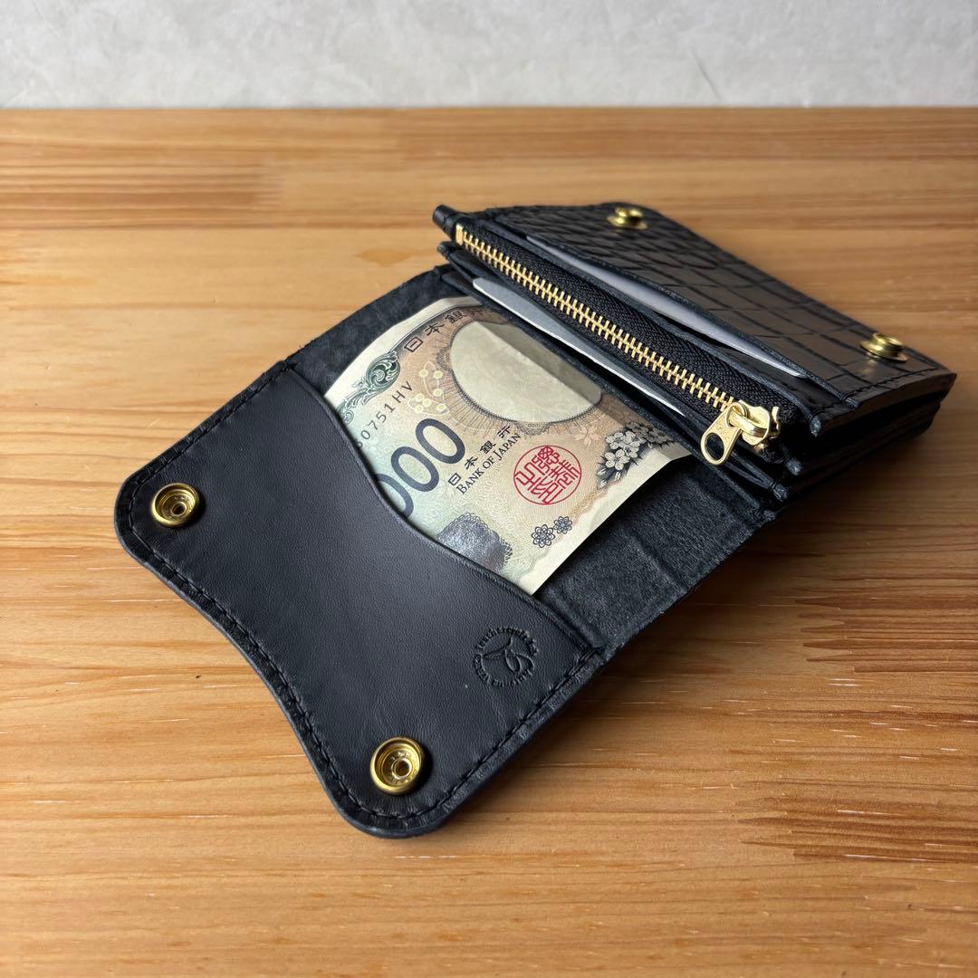 【ブラック&クロコダイル】ショートトラッカーウォレット イタリアンレザー 本革2